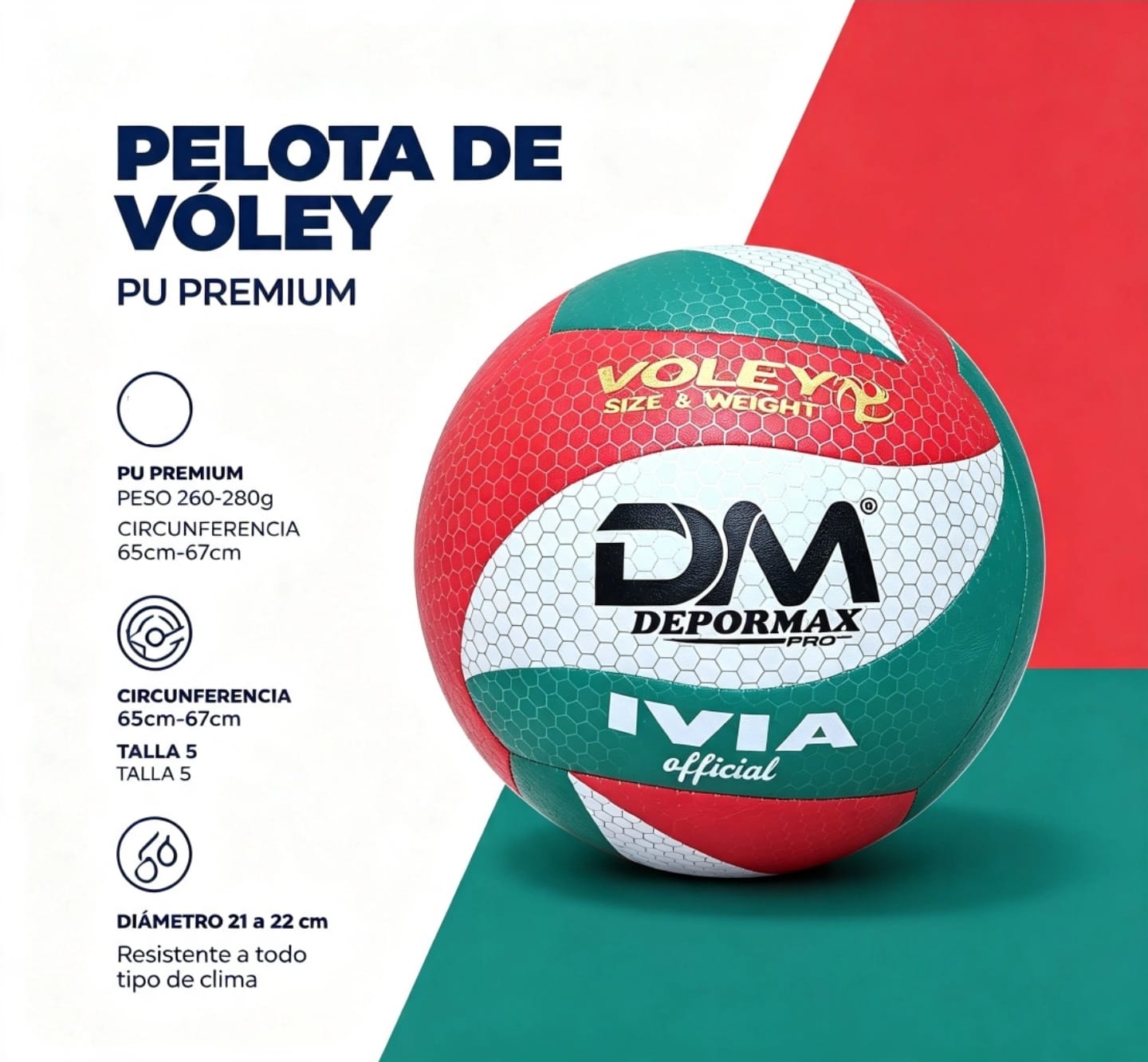 PELOTA DE VOLEY PU DM DEPORMAX Rojo, verde y blanco