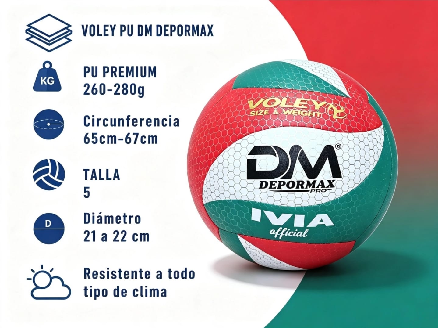 PELOTA DE VOLEY PU DM DEPORMAX Rojo, verde y blanco
